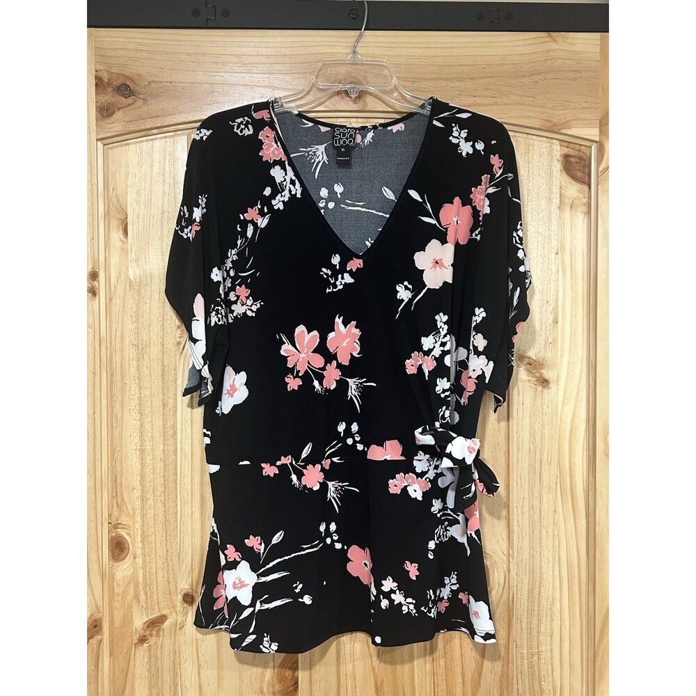 Clara Sun Woo Pullover Blouse V Neck Black Pink Floral Stretch XL Flowy Side Tie